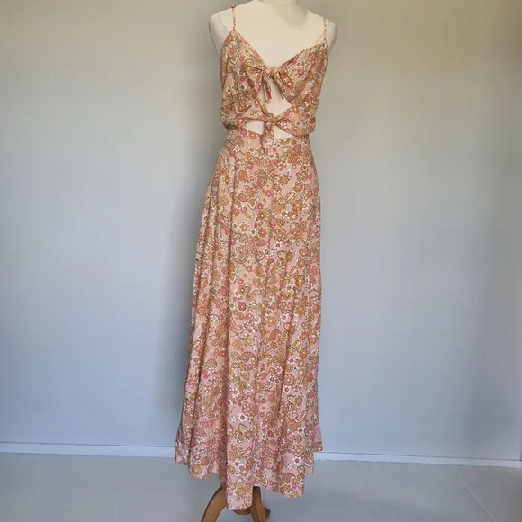 Ghanda Mia Multicolour Floral Linen Blend Tie Front Maxi Dress Size L - Picture 2 of 9